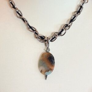 Vintage Brown and Turqouise Stone Pendant Woven Chain Rope Necklace 2000s